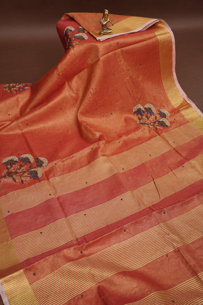 Hand Embroidered Pure Tissue Linen Silk Saree - Dark Peach