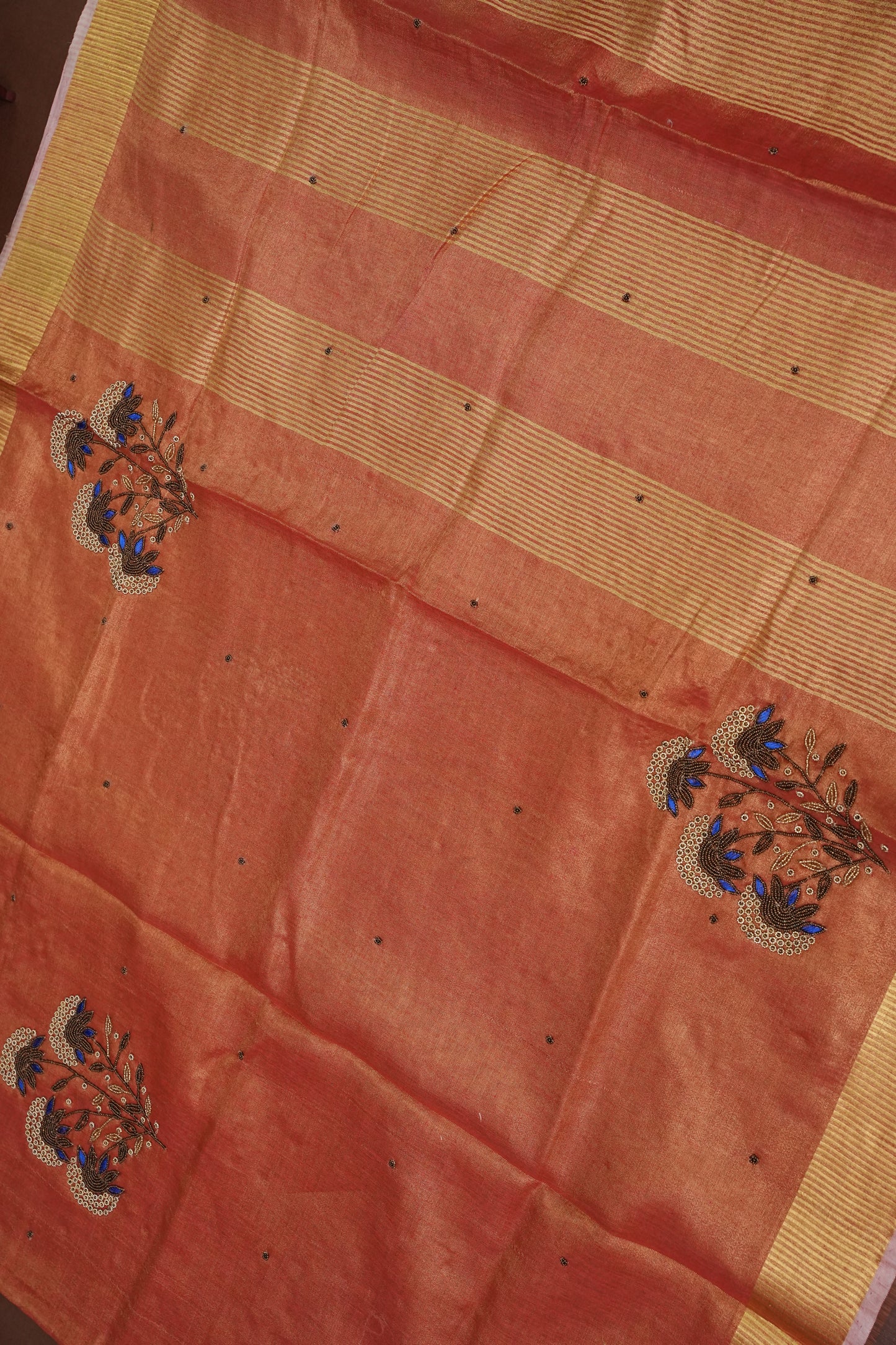 Hand Embroidered Pure Tissue Linen Silk Saree - Dark Peach