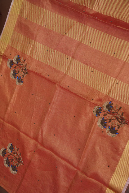 Hand Embroidered Pure Tissue Linen Silk Saree - Dark Peach