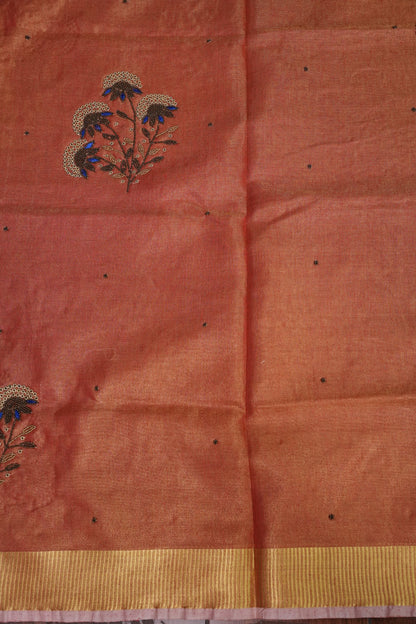 Hand Embroidered Pure Tissue Linen Silk Saree - Dark Peach