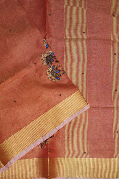 Hand Embroidered Pure Tissue Linen Silk Saree - Dark Peach