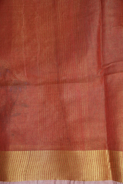 Hand Embroidered Pure Tissue Linen Silk Saree - Dark Peach
