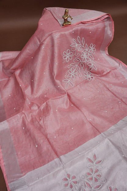 Hand Embroidered Pure Tissue Linen Silk Saree - Salmon Pink