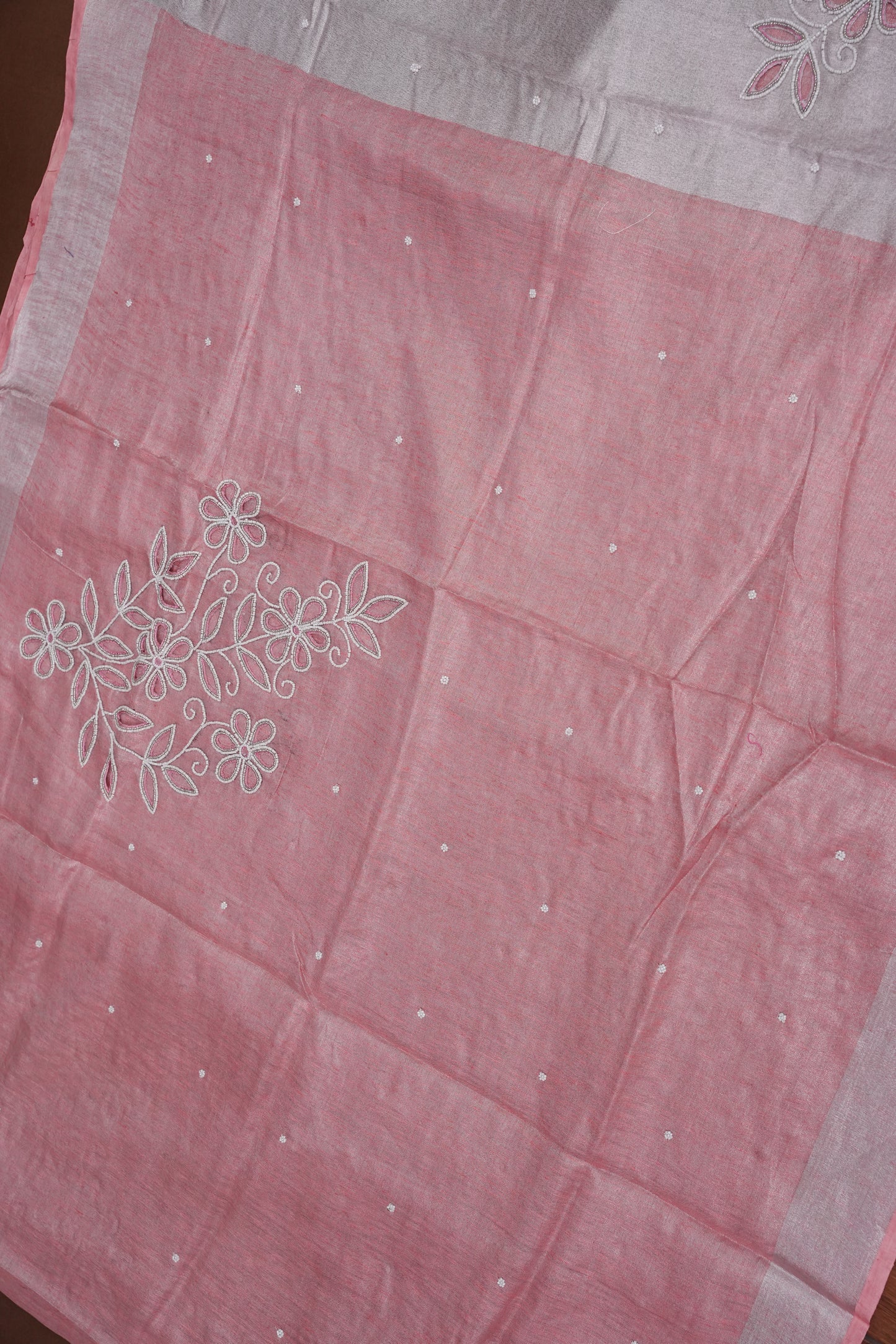 Hand Embroidered Pure Tissue Linen Silk Saree - Salmon Pink