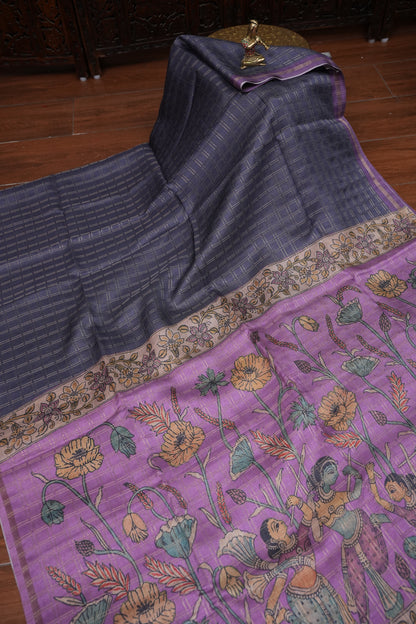 Semi Tussar Raw Silk Saree with Checkered Body & Kalamkari Pallu and Blouse – Lavender Purple