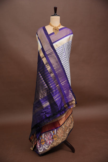 Pure Ikkat Soft Silk Saree - Ivory & Deep Purple