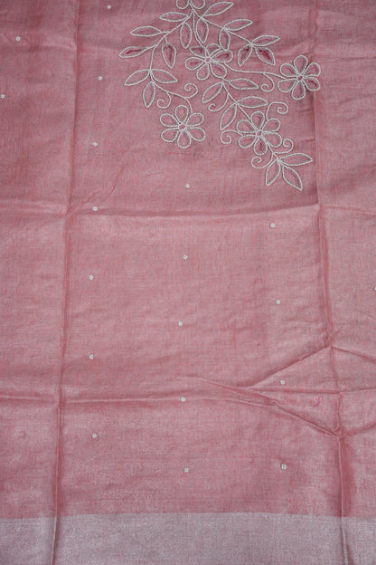 Hand Embroidered Pure Tissue Linen Silk Saree - Salmon Pink