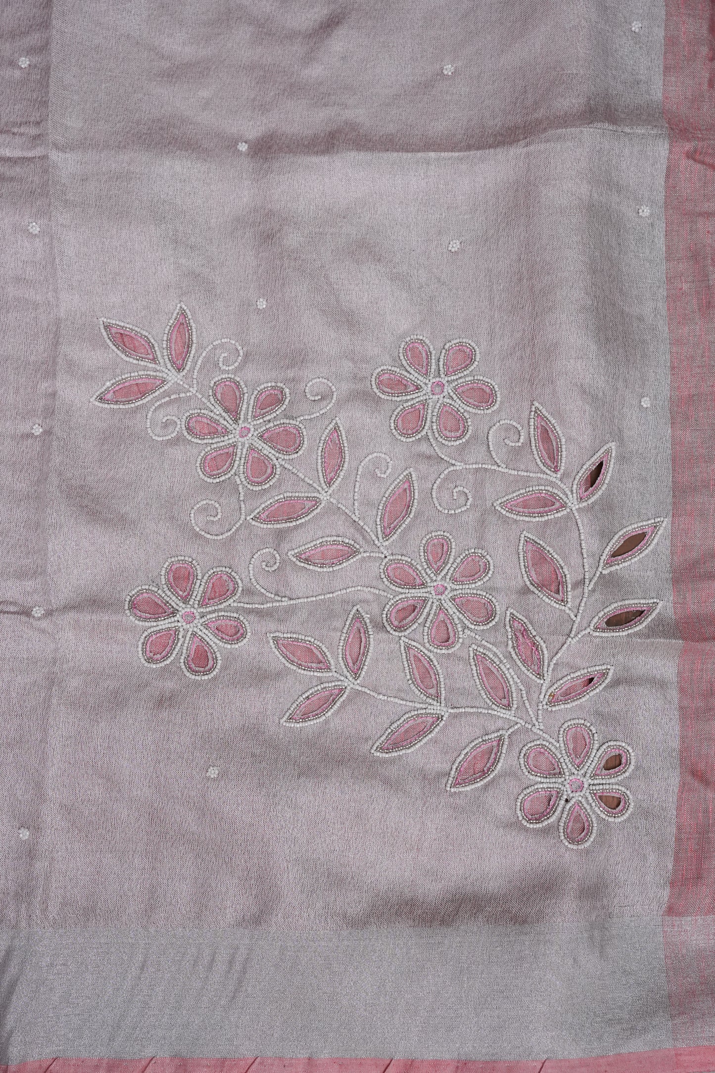 Hand Embroidered Pure Tissue Linen Silk Saree - Salmon Pink