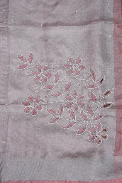 Hand Embroidered Pure Tissue Linen Silk Saree - Salmon Pink