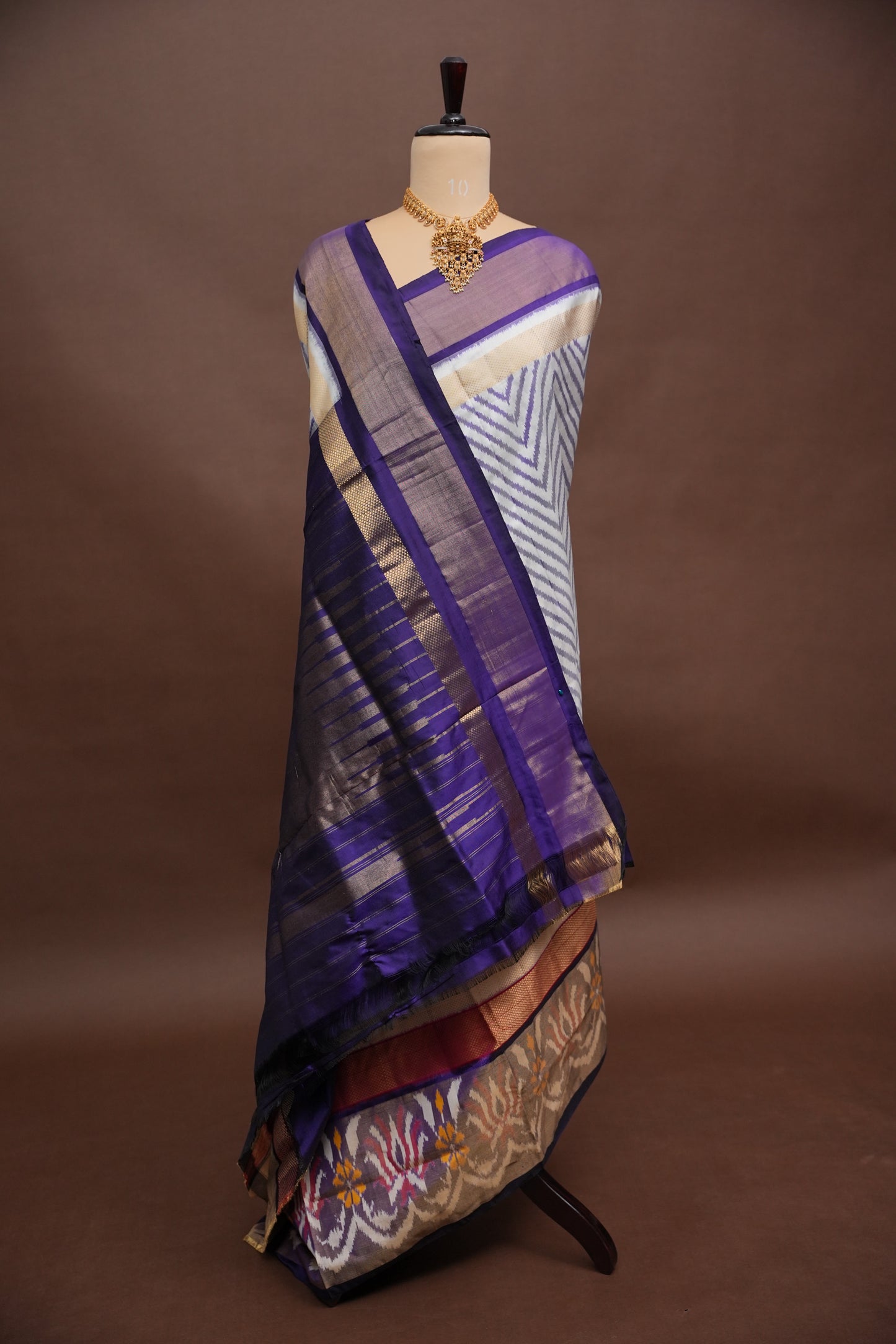 Pure Ikkat Soft Silk Saree - Ivory & Deep Purple
