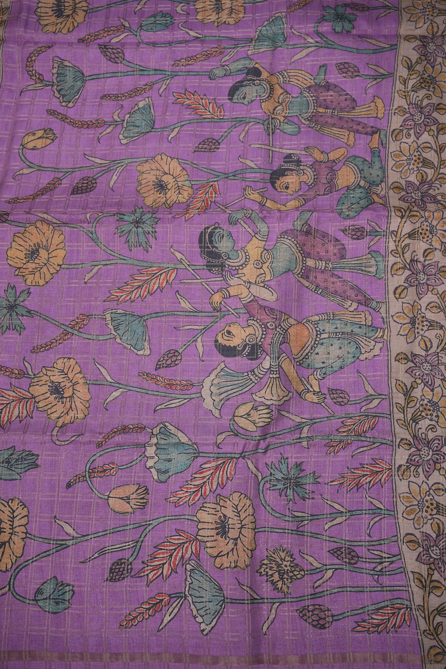 Semi Tussar Raw Silk Saree with Checkered Body & Kalamkari Pallu and Blouse – Lavender Purple