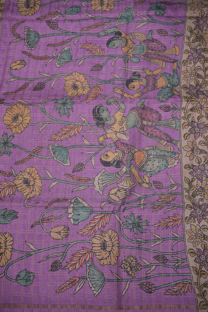 Semi Tussar Raw Silk Saree with Checkered Body & Kalamkari Pallu and Blouse – Lavender Purple