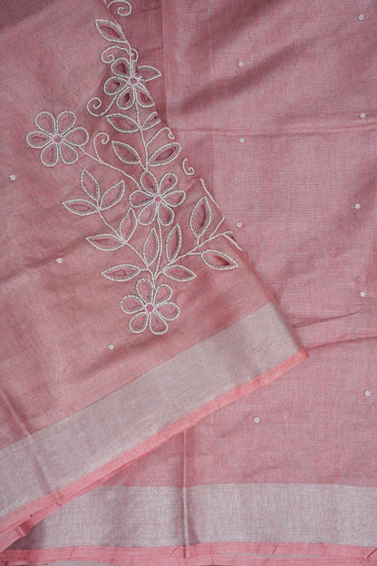 Hand Embroidered Pure Tissue Linen Silk Saree - Salmon Pink