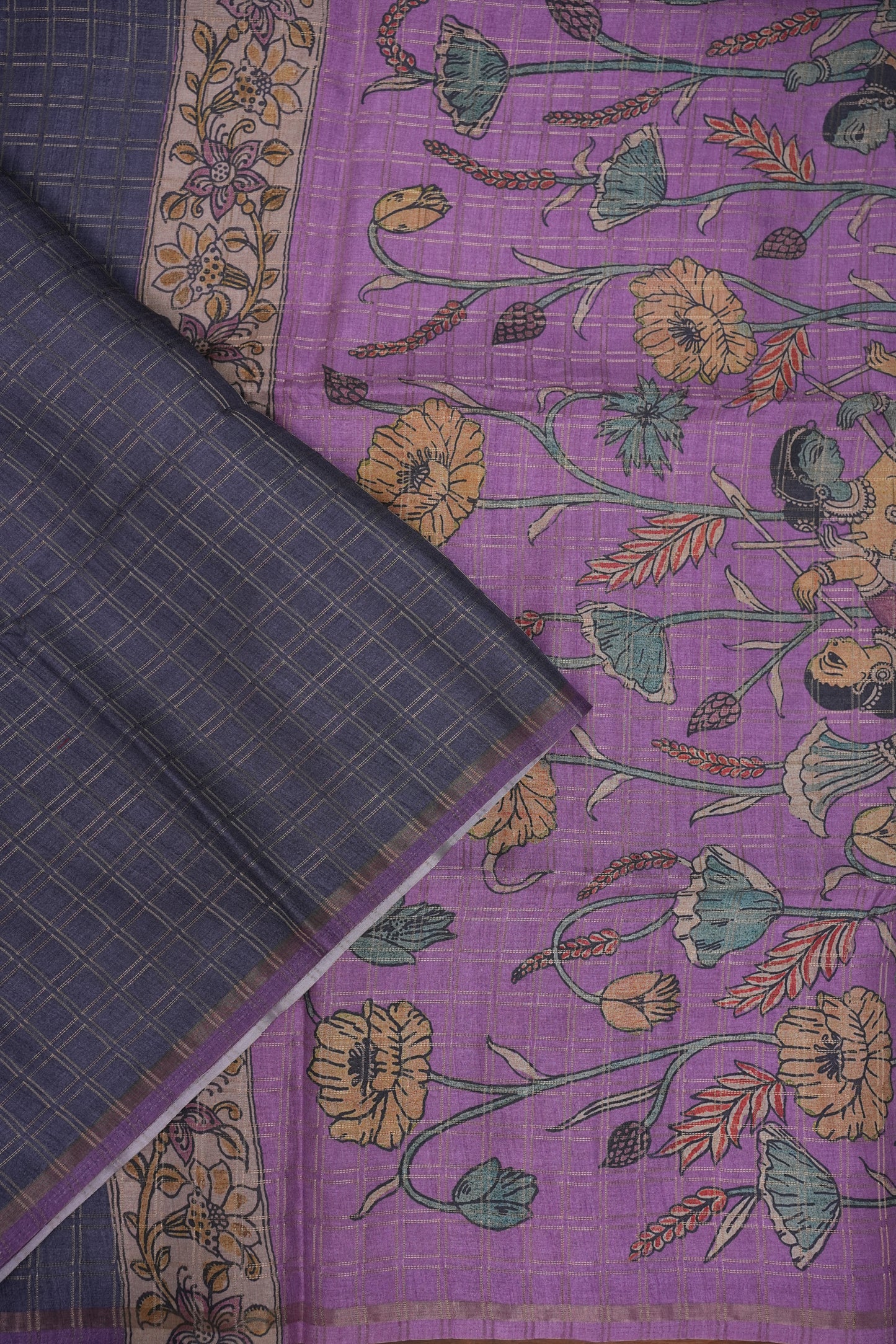 Semi Tussar Raw Silk Saree with Checkered Body & Kalamkari Pallu and Blouse – Lavender Purple