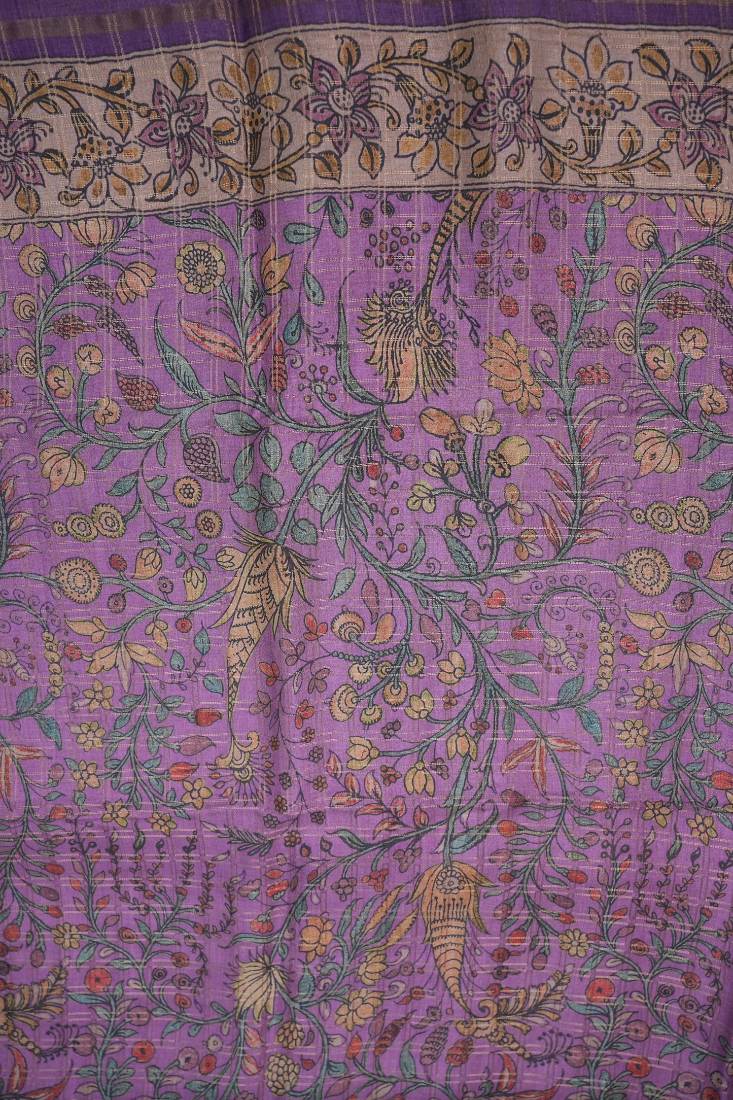 Semi Tussar Raw Silk Saree with Checkered Body & Kalamkari Pallu and Blouse – Lavender Purple