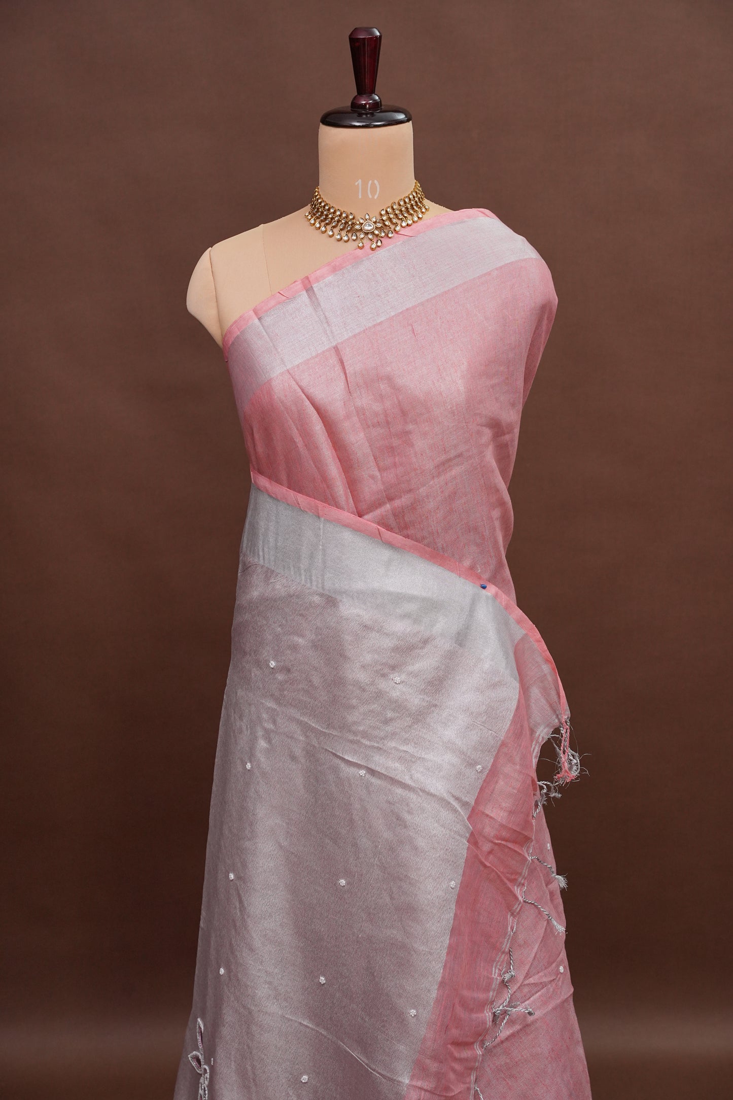 Hand Embroidered Pure Tissue Linen Silk Saree - Salmon Pink
