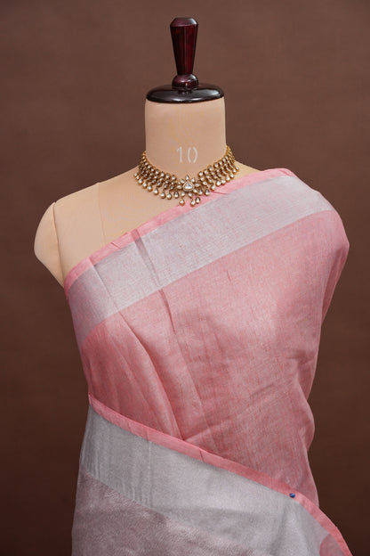 Hand Embroidered Pure Tissue Linen Silk Saree - Salmon Pink