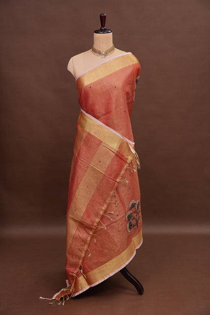 Hand Embroidered Pure Tissue Linen Silk Saree - Dark Peach
