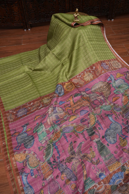 Semi Tussar Raw Silk Saree with Checkered Body & Kalamkari Pallu and Blouse – Pistachio Green