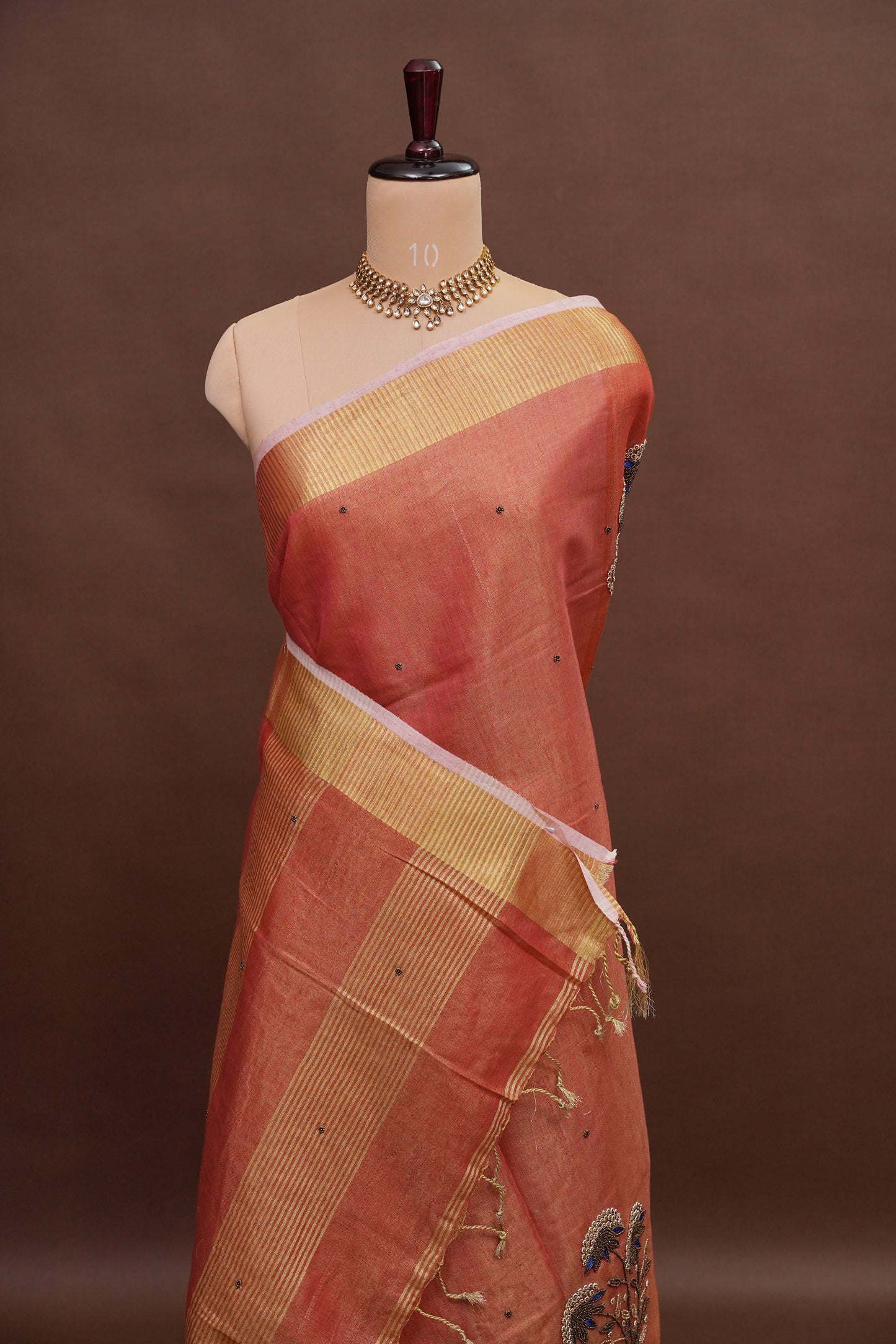 Hand Embroidered Pure Tissue Linen Silk Saree - Dark Peach