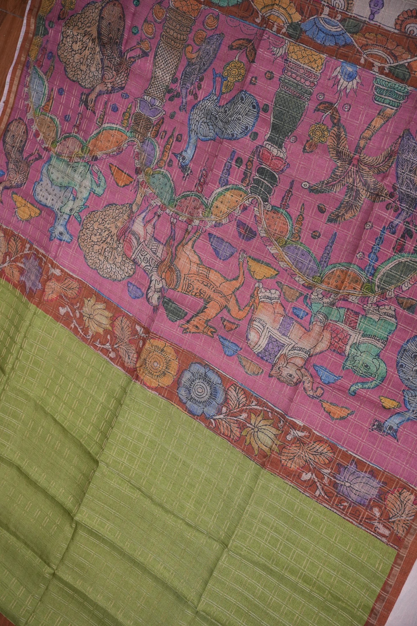 Semi Tussar Raw Silk Saree with Checkered Body & Kalamkari Pallu and Blouse – Pistachio Green