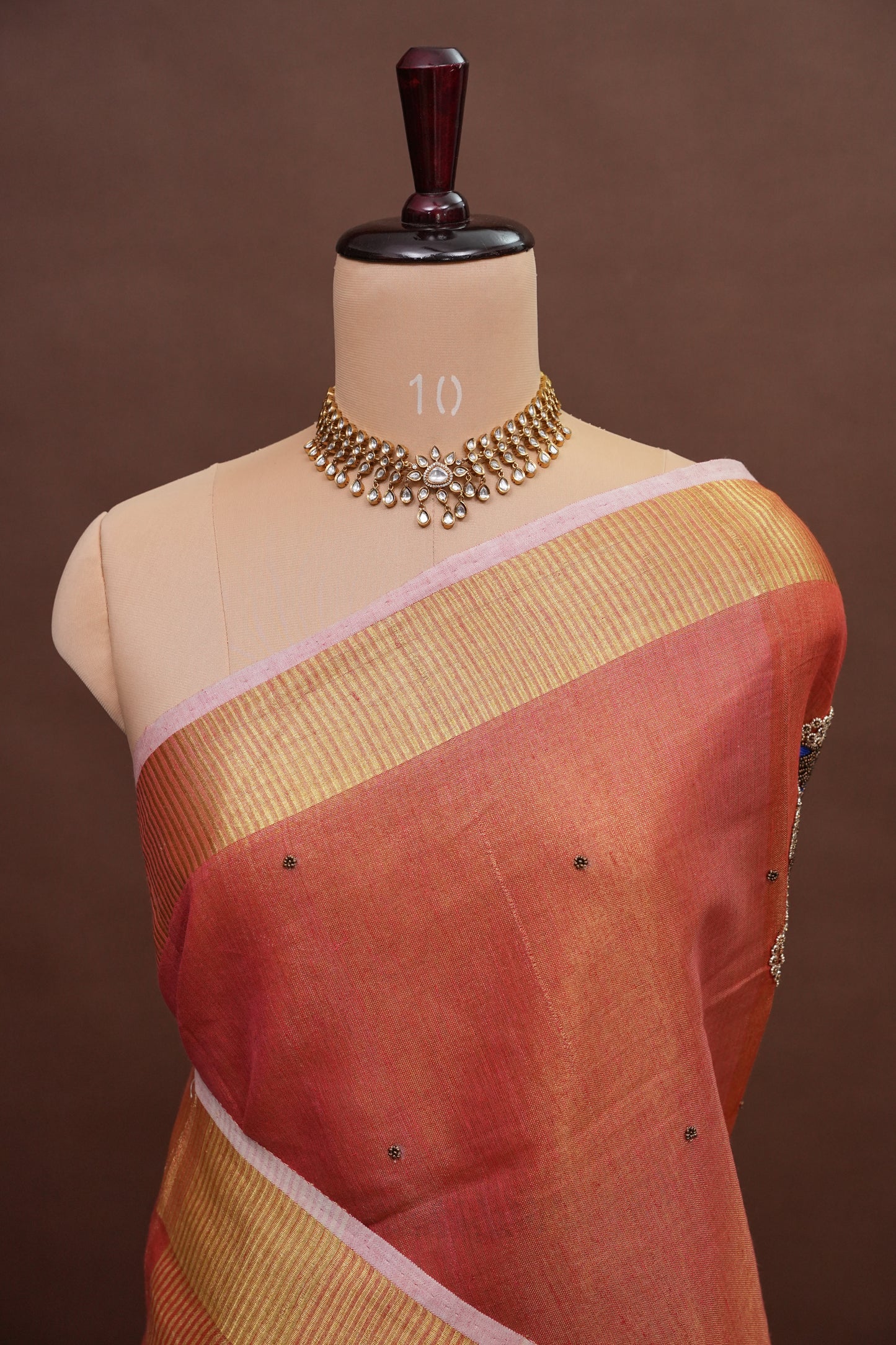 Hand Embroidered Pure Tissue Linen Silk Saree - Dark Peach