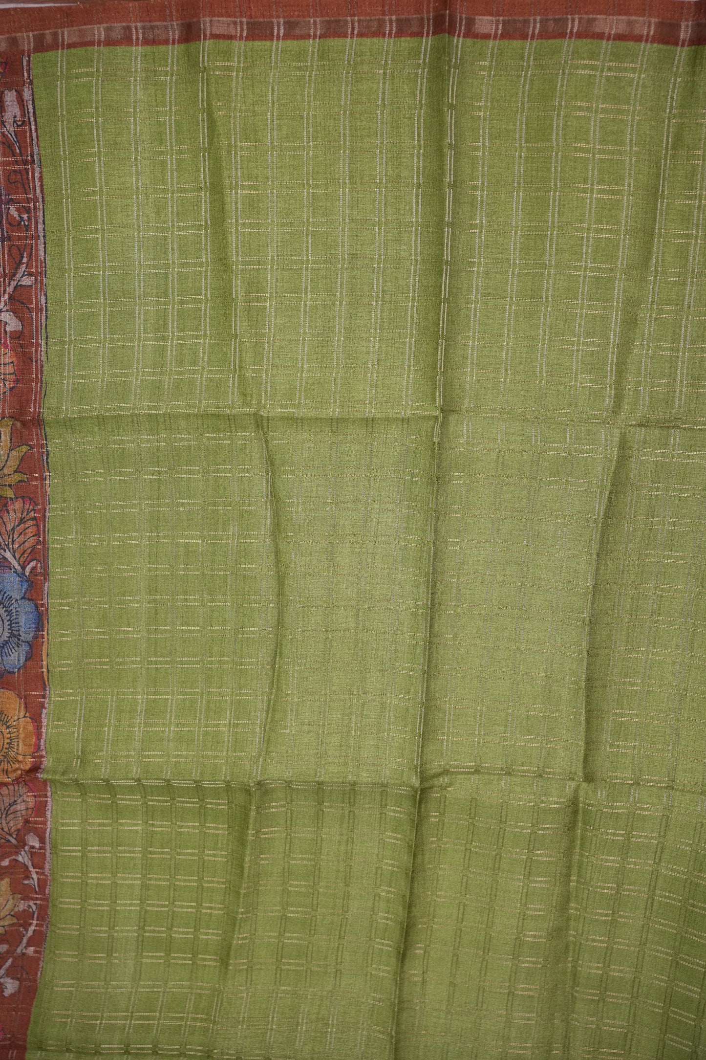 Semi Tussar Raw Silk Saree with Checkered Body & Kalamkari Pallu and Blouse – Pistachio Green