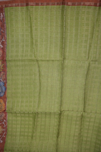 Semi Tussar Raw Silk Saree with Checkered Body & Kalamkari Pallu and Blouse – Pistachio Green