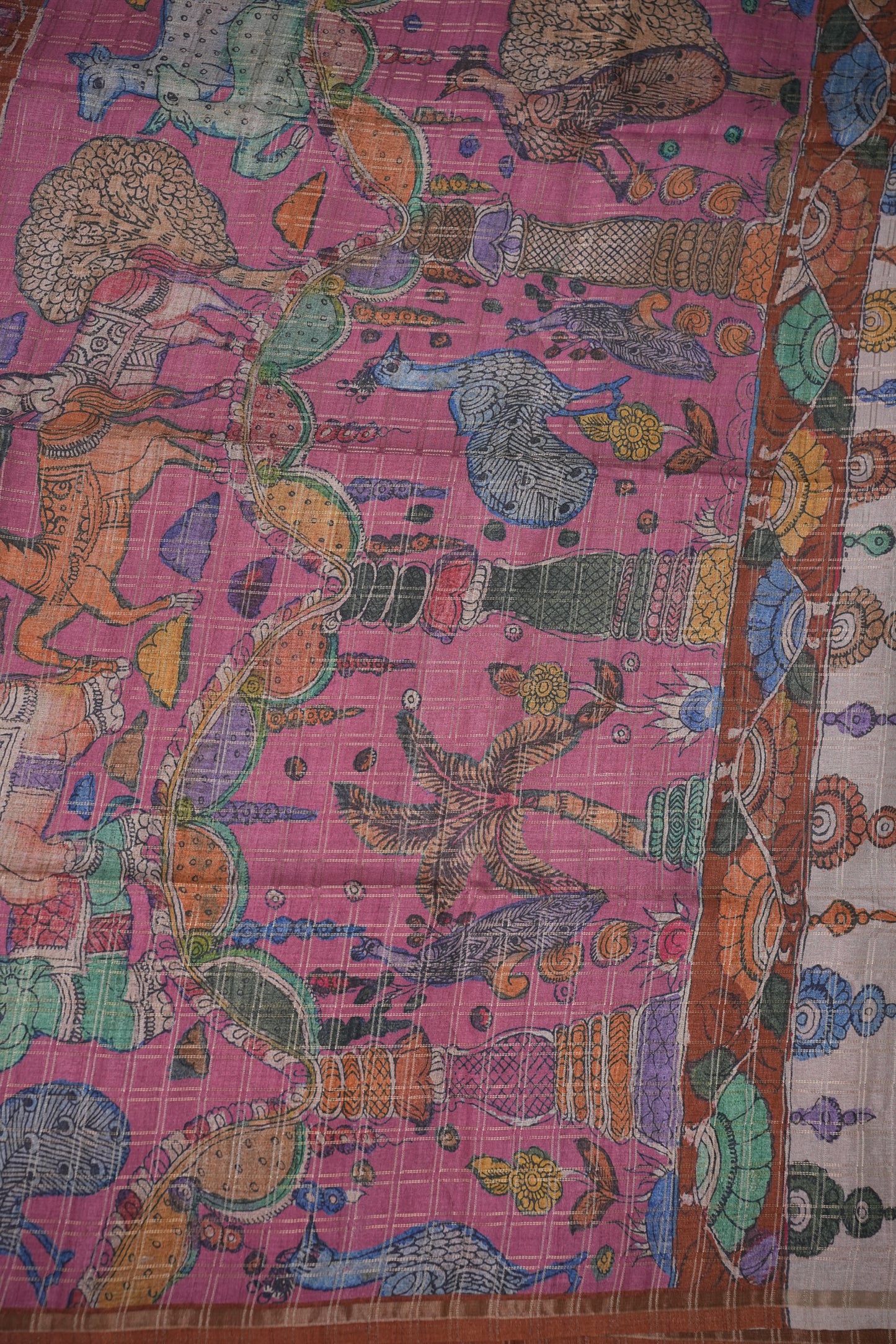 Semi Tussar Raw Silk Saree with Checkered Body & Kalamkari Pallu and Blouse – Pistachio Green