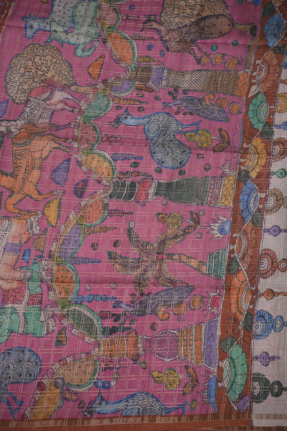 Semi Tussar Raw Silk Saree with Checkered Body & Kalamkari Pallu and Blouse – Pistachio Green