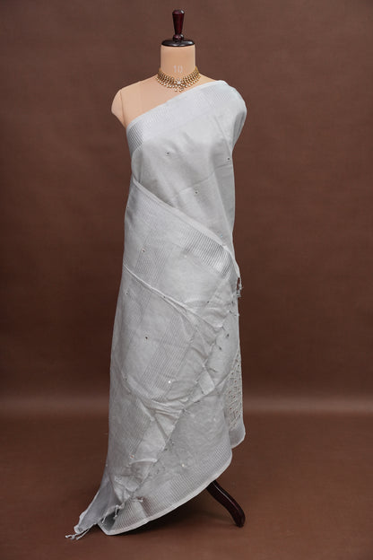 Hand Embroidered Pure Tissue Linen Silk Saree - White silver