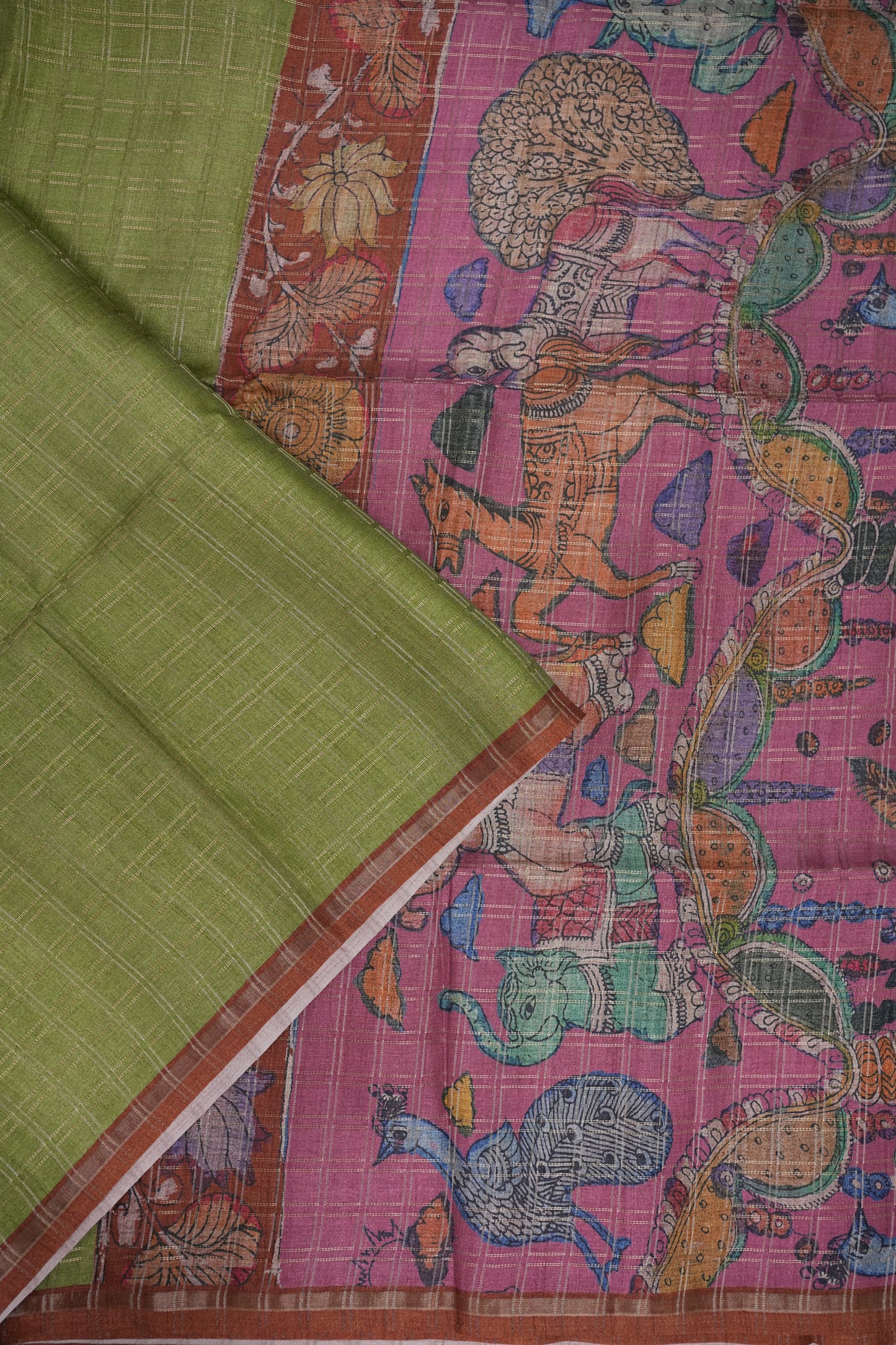 Semi Tussar Raw Silk Saree with Checkered Body & Kalamkari Pallu and Blouse – Pistachio Green