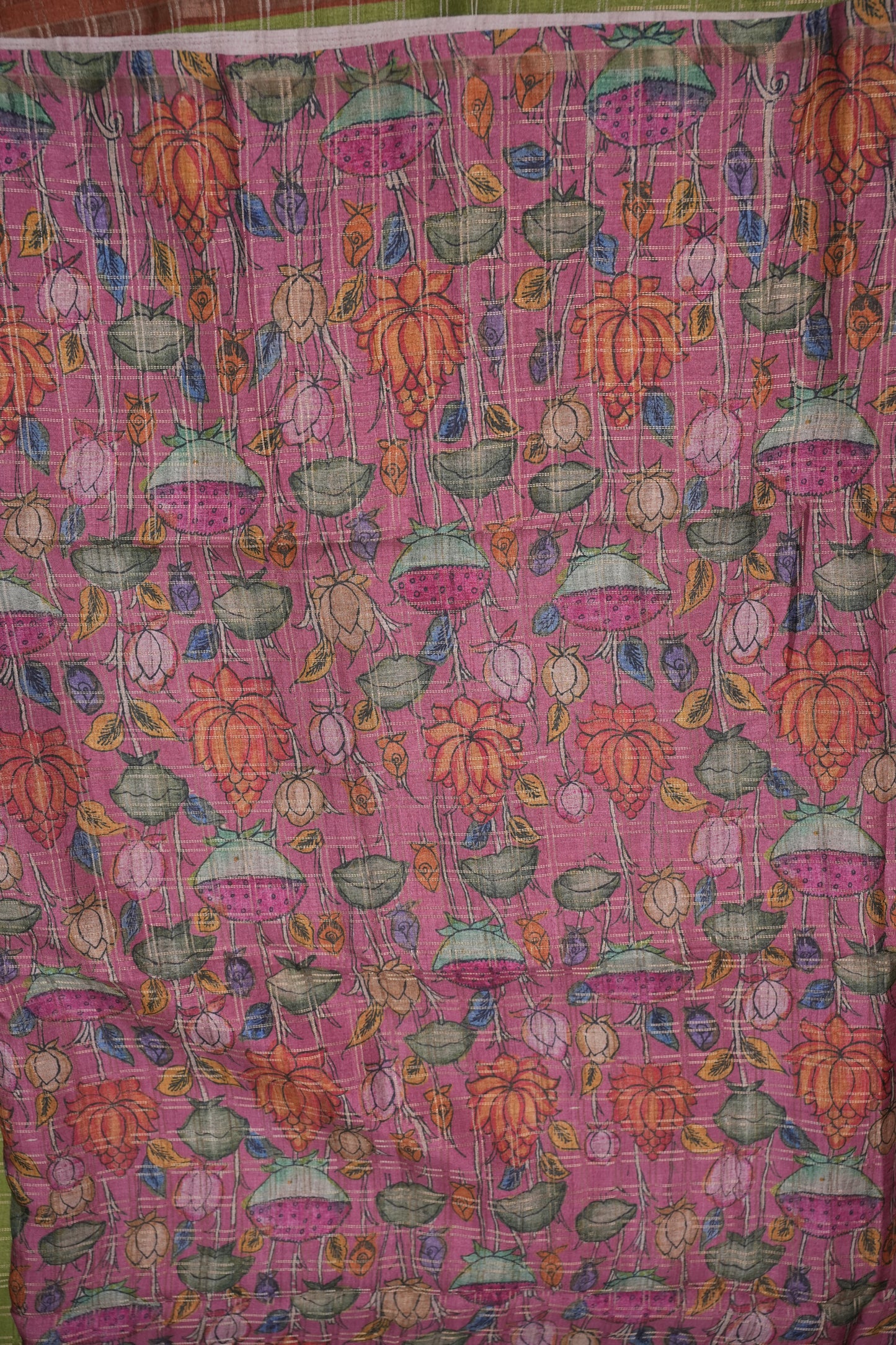 Semi Tussar Raw Silk Saree with Checkered Body & Kalamkari Pallu and Blouse – Pistachio Green