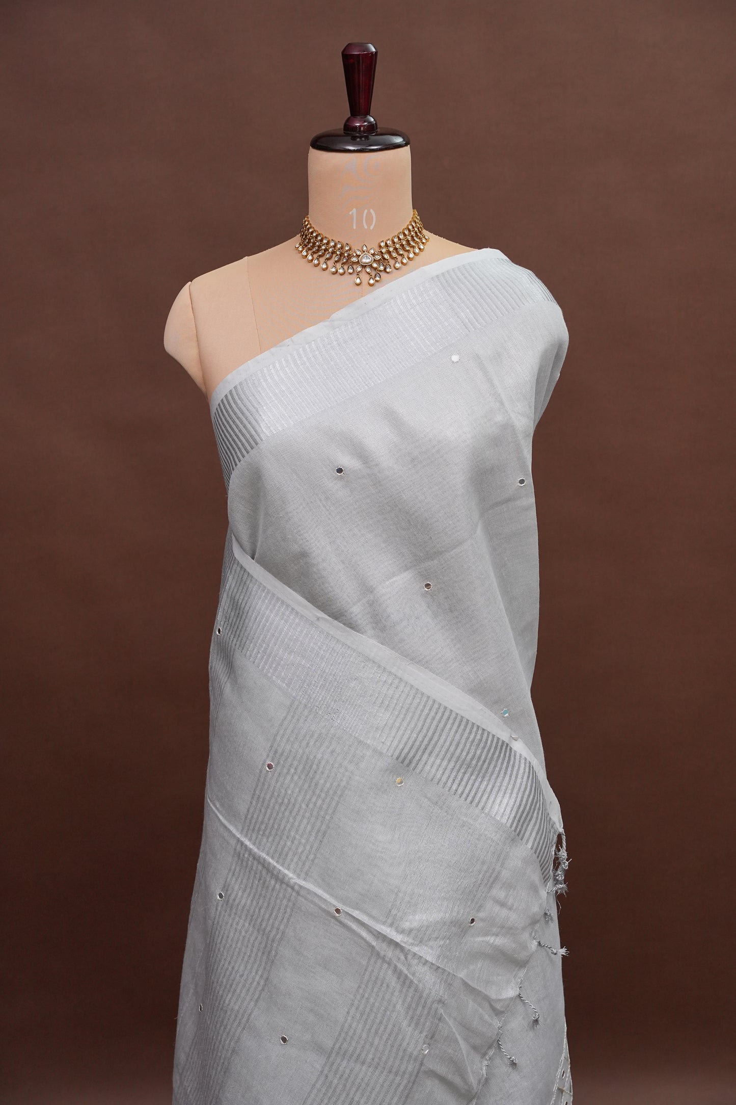 Hand Embroidered Pure Tissue Linen Silk Saree - White silver