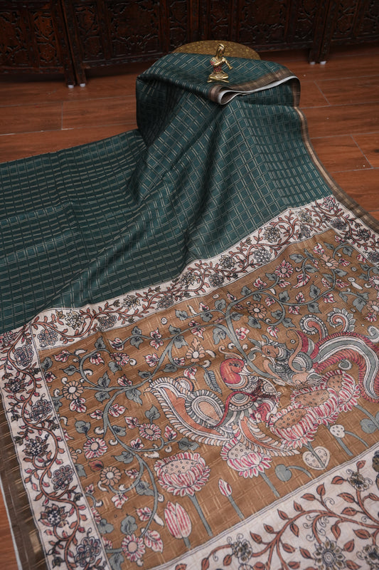 Semi Tussar Raw Silk Saree with Checkered Body & Kalamkari Pallu and Blouse – Deep Teal Green