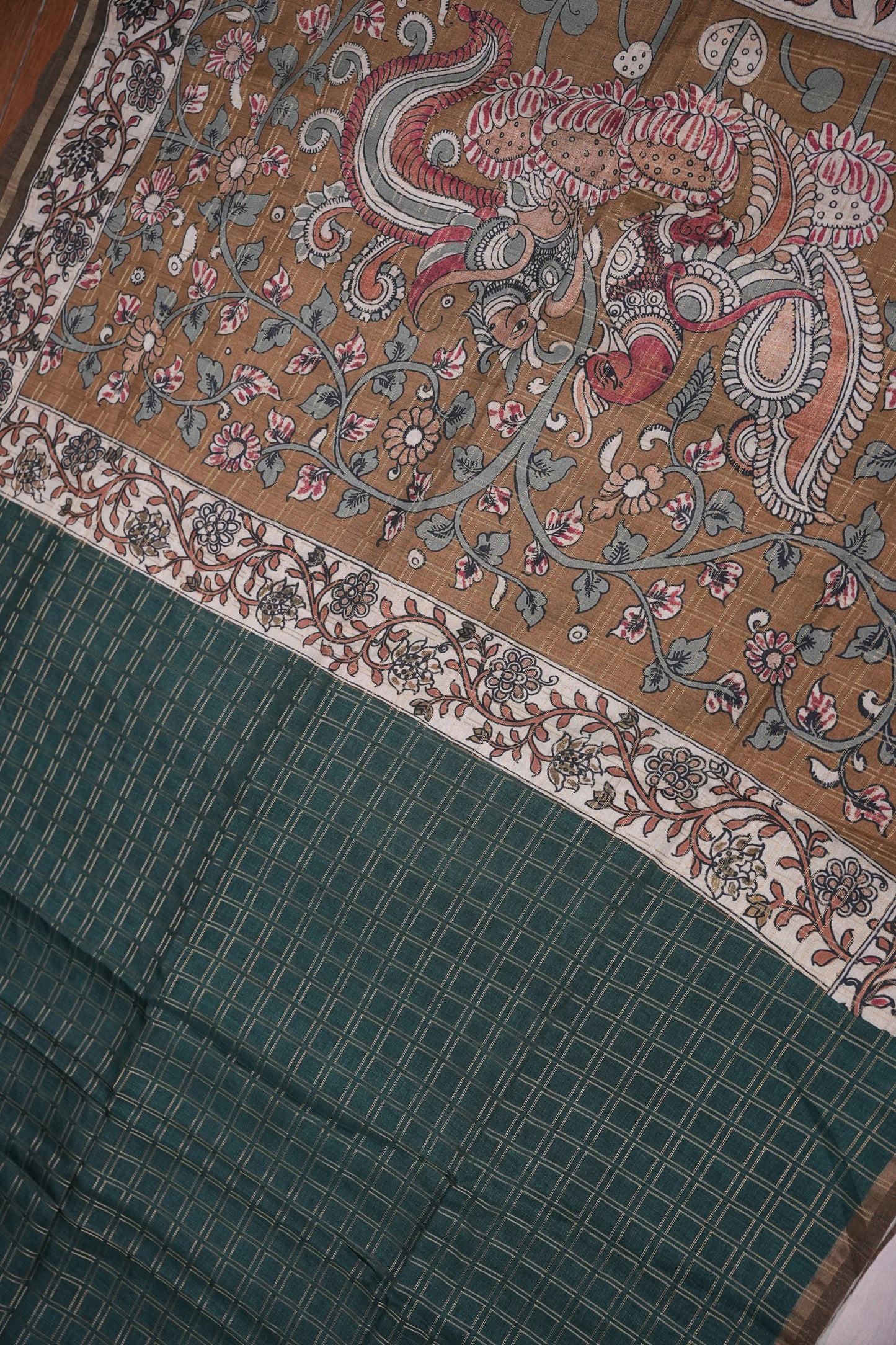 Semi Tussar Raw Silk Saree with Checkered Body & Kalamkari Pallu and Blouse – Deep Teal Green