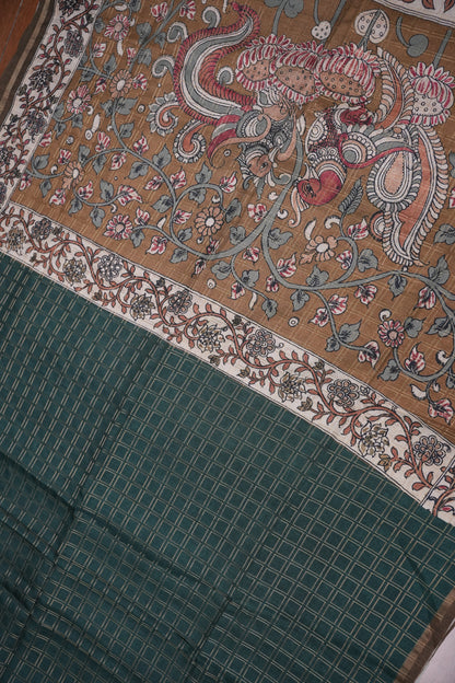 Semi Tussar Raw Silk Saree with Checkered Body & Kalamkari Pallu and Blouse – Deep Teal Green
