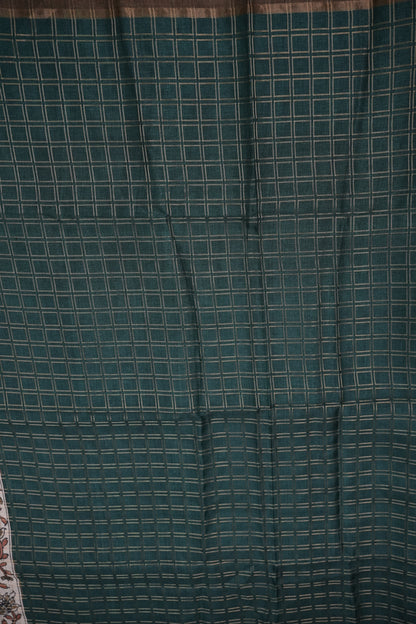 Semi Tussar Raw Silk Saree with Checkered Body & Kalamkari Pallu and Blouse – Deep Teal Green