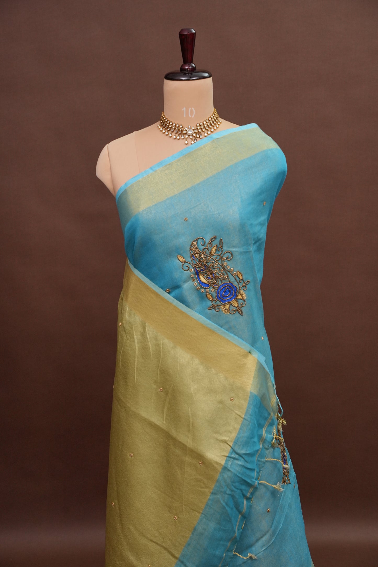 Hand Embroidered Pure Tissue Linen Silk Saree - Sky Blue & Gold
