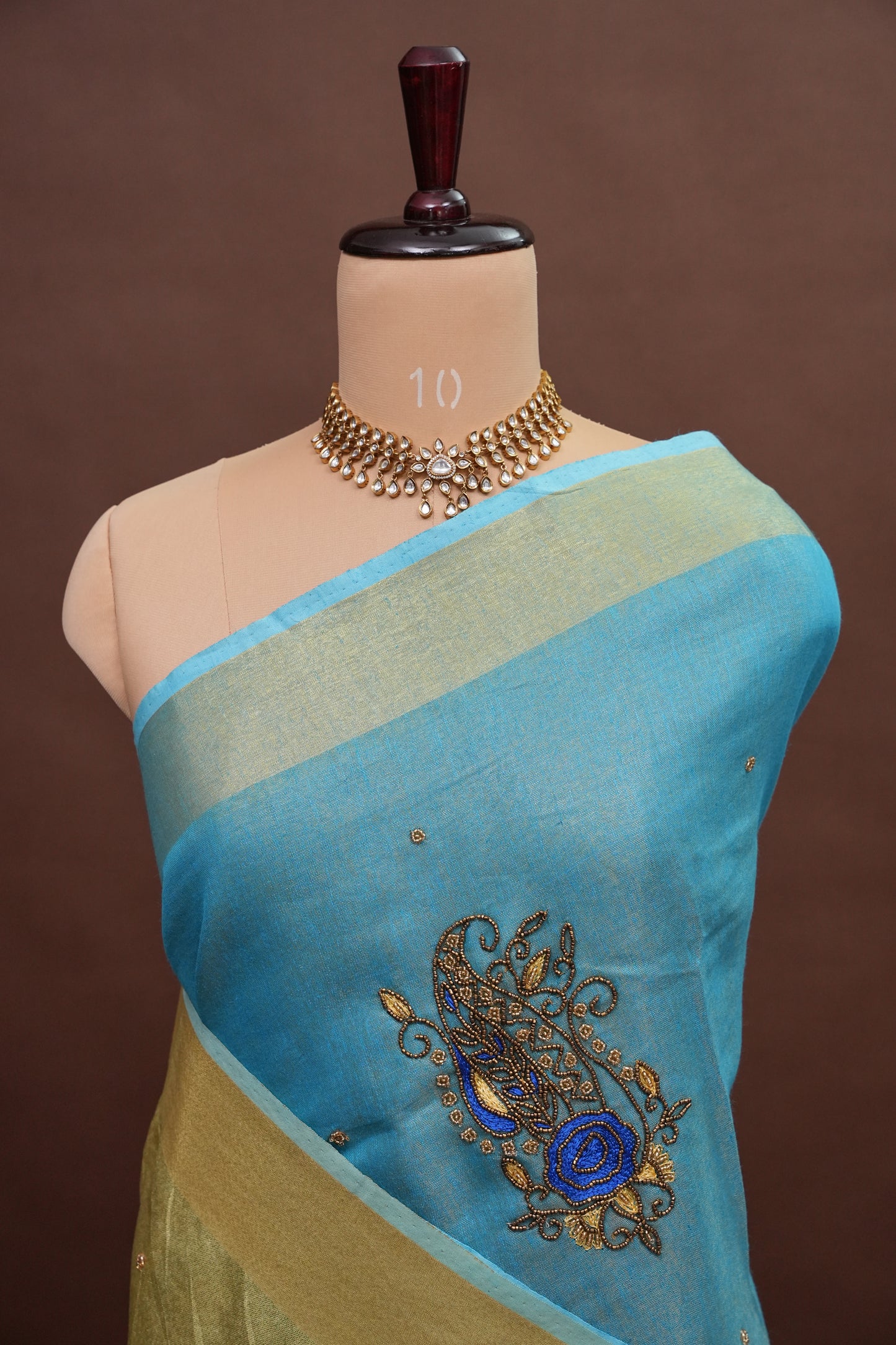 Hand Embroidered Pure Tissue Linen Silk Saree - Sky Blue & Gold