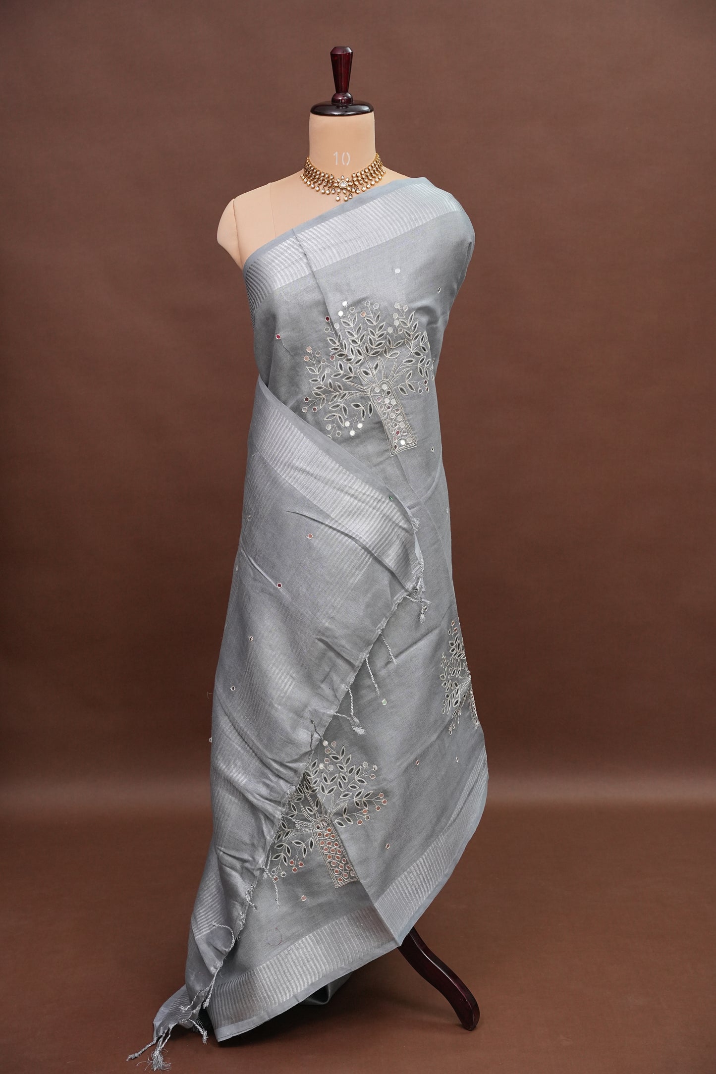 Hand Embroidered Pure Tissue Linen Silk Saree - Silver Grey
