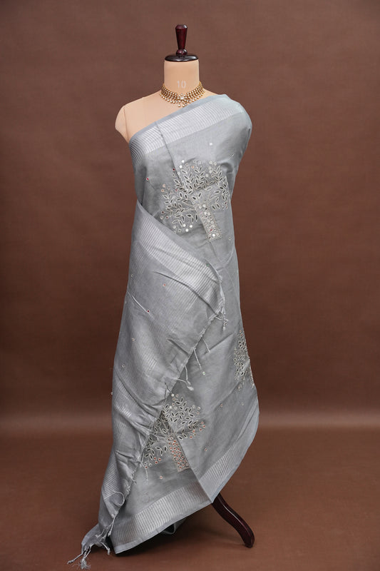Hand Embroidered Pure Tissue Linen Silk Saree - Silver Grey