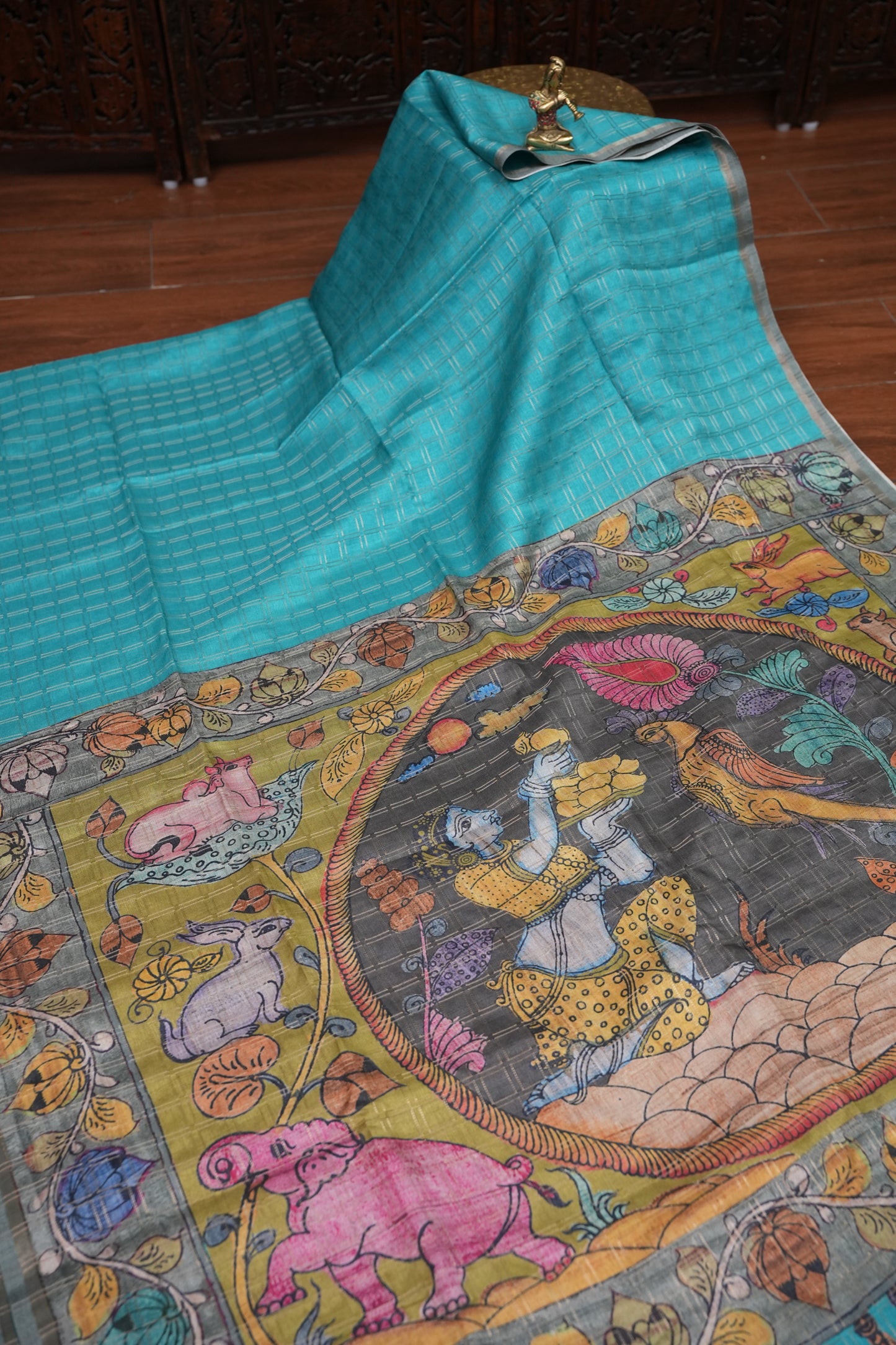 Semi Tussar Raw Silk Saree with Checkered Body & Kalamkari Pallu and Blouse – Dusty Pink