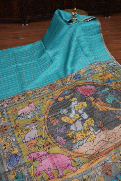 Semi Tussar Raw Silk Saree with Checkered Body & Kalamkari Pallu and Blouse – Dusty Pink