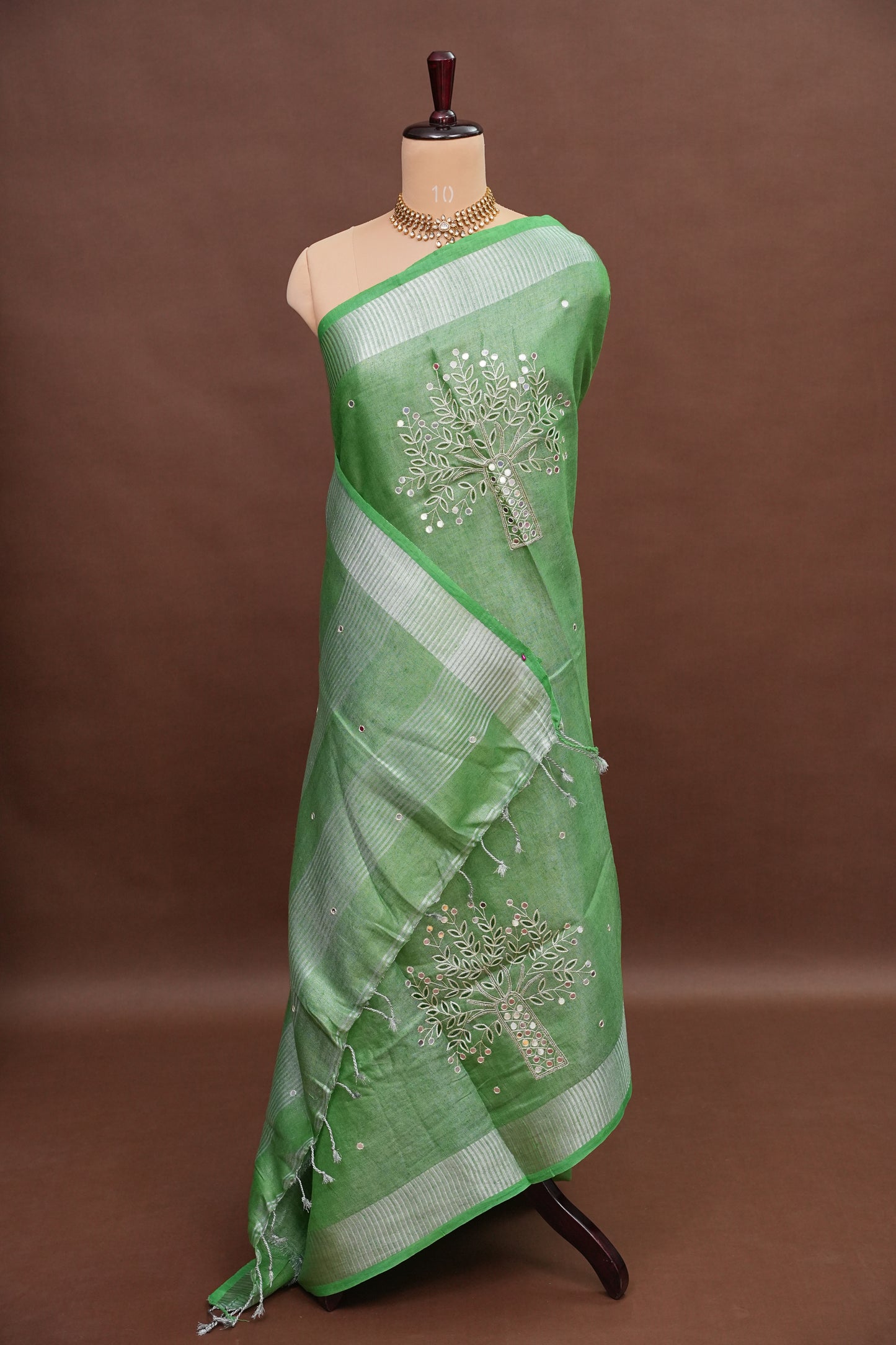 Hand Embroidered Pure Tissue Linen Silk Saree - Leaf Green