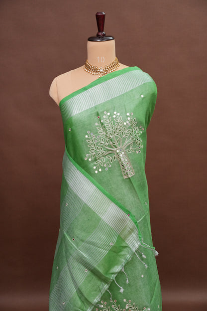 Hand Embroidered Pure Tissue Linen Silk Saree - Leaf Green
