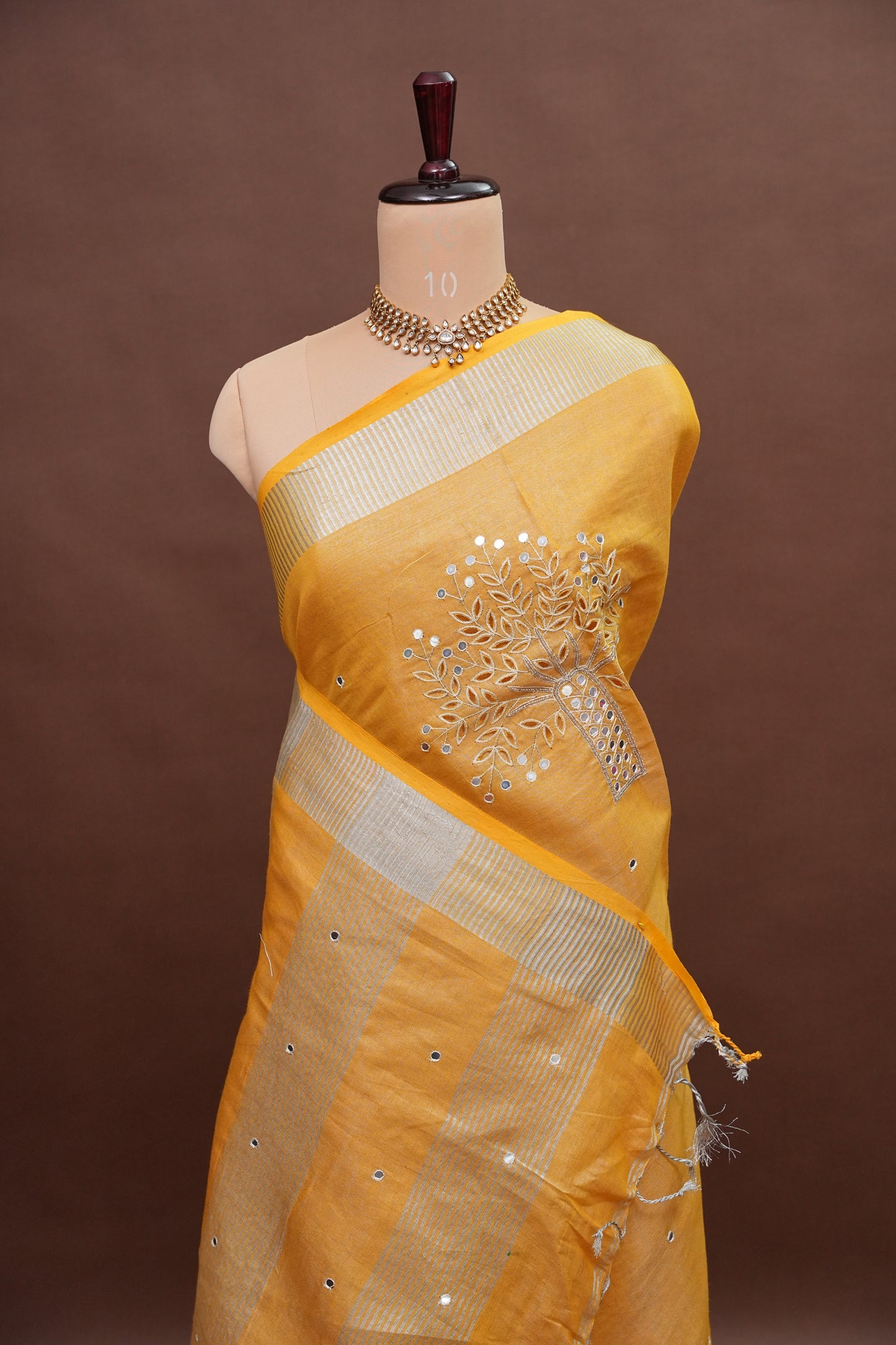 Hand Embroidered Pure Tissue Linen Silk Saree - Yellow