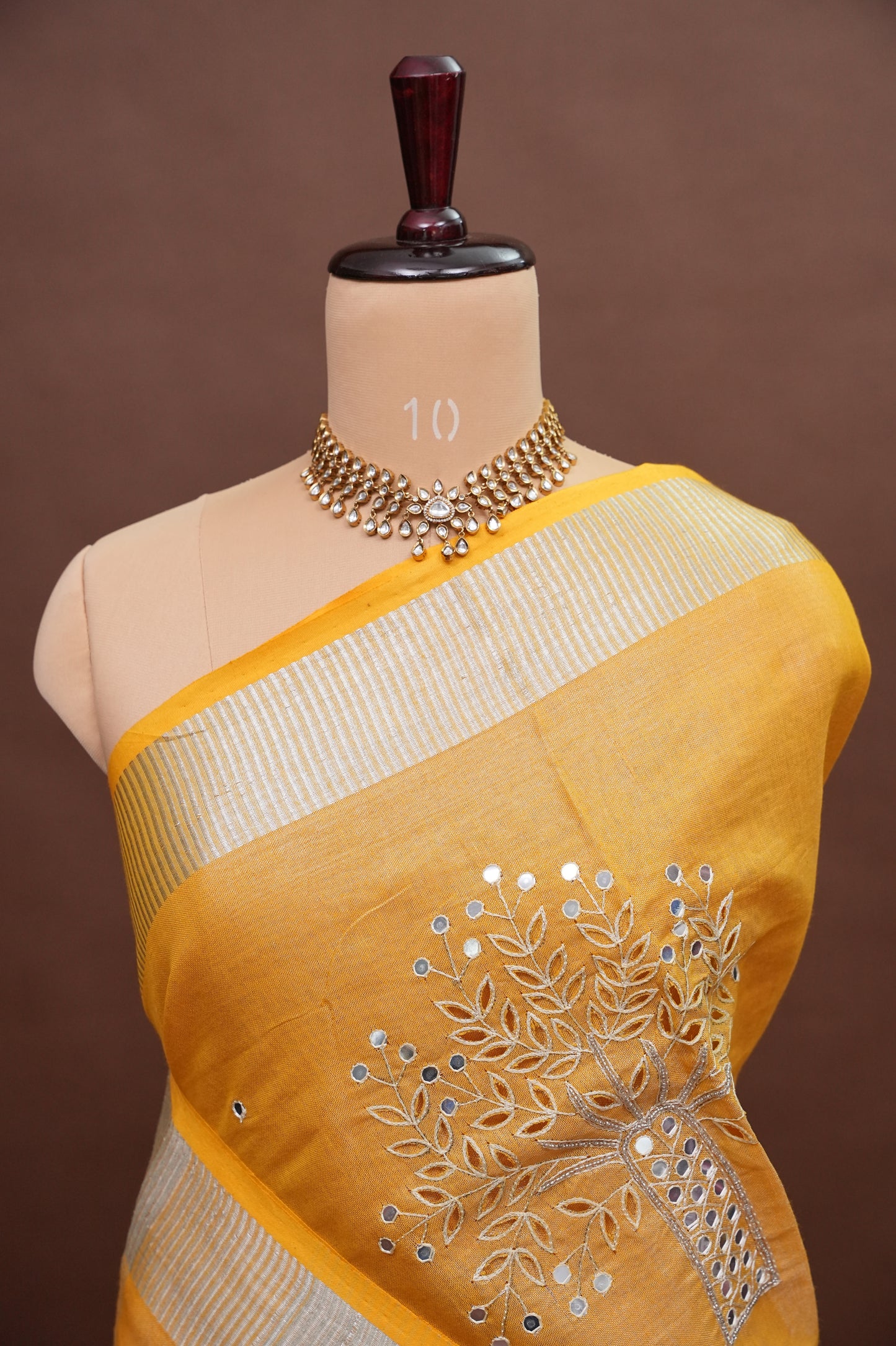 Hand Embroidered Pure Tissue Linen Silk Saree - Yellow