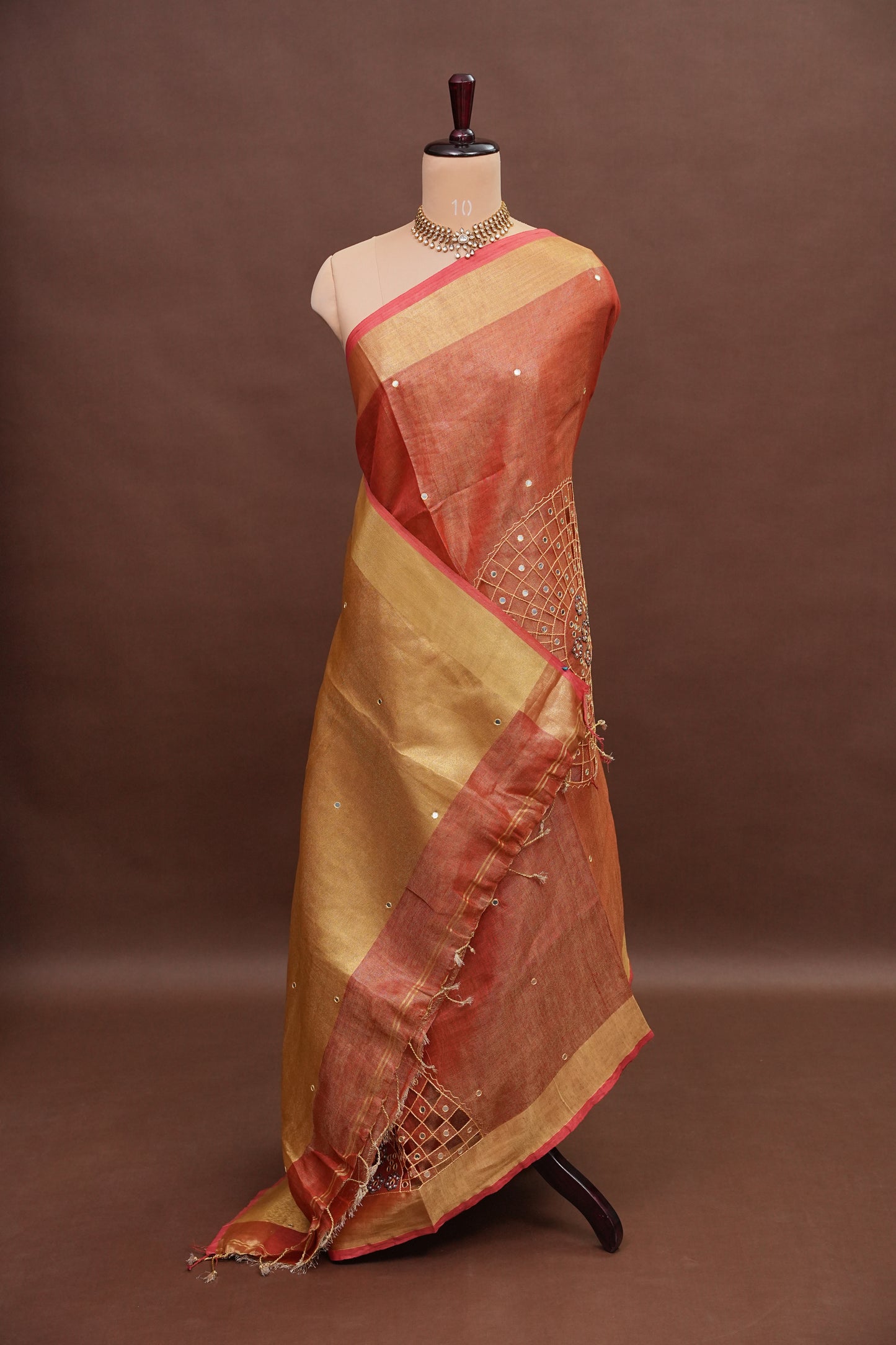 Hand Embroidered Pure Tissue Linen Silk Saree - Peach Orange