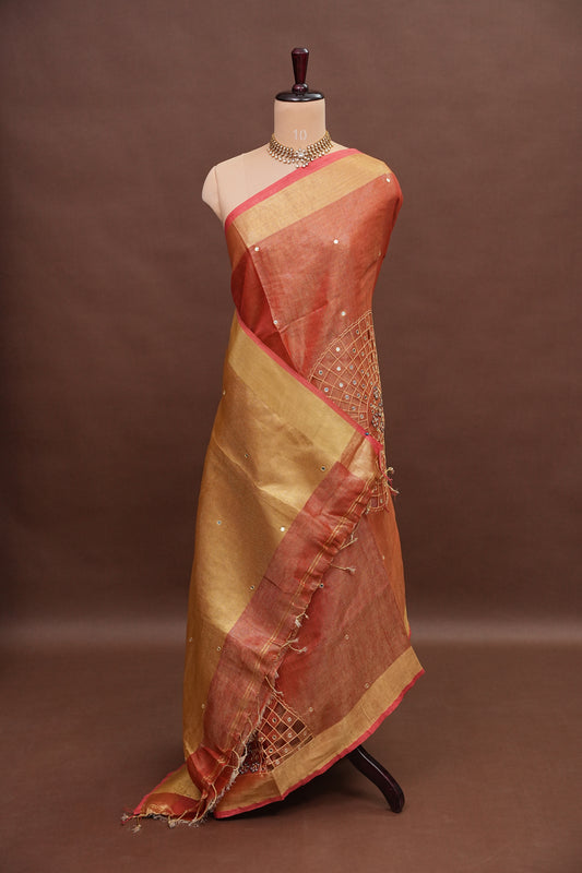 Hand Embroidered Pure Tissue Linen Silk Saree - Peach Orange
